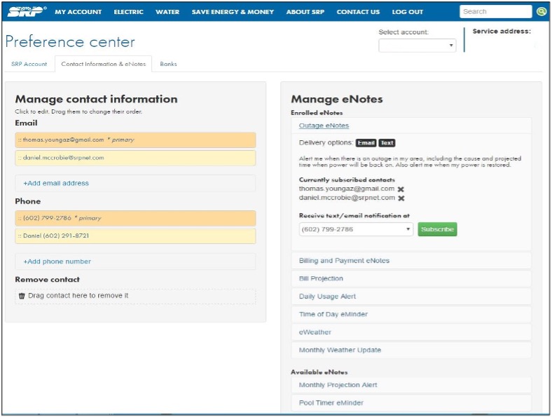Screenshot showing the original version of the Alerts page on the SRP My Account web portal