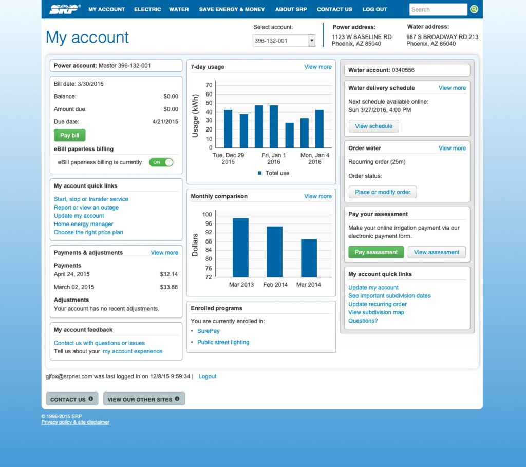 Screenshot showing the original version of the Dashboard page on the SRP My Account web portal