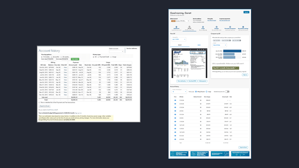 Screenshots showing the original and updated versions of the My Bill page on the SRP My Account web portal