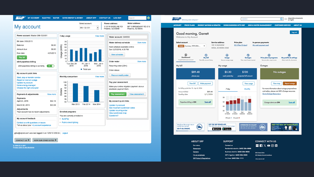 Screenshots showing the original and updated versions of the Dashboard page on the SRP My Account web portal