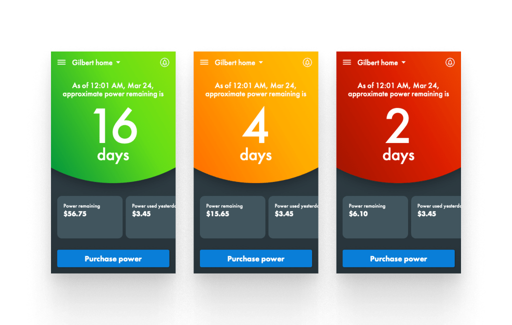 Screenshots of the various dashboard colors visually depicting Power Remaining on the SRP M-Power app