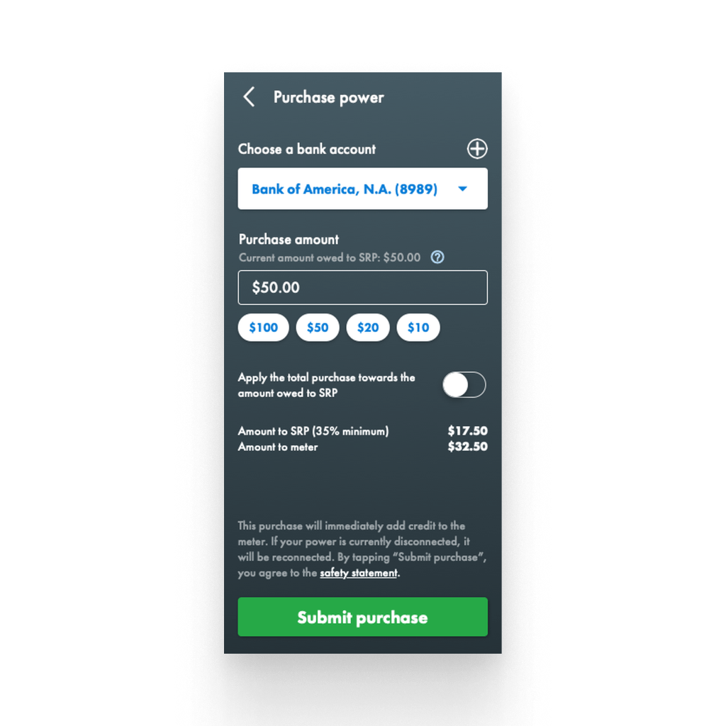 An example of the Purchase Power form showcasing how their purchase breaks down on the SRP M-Power app