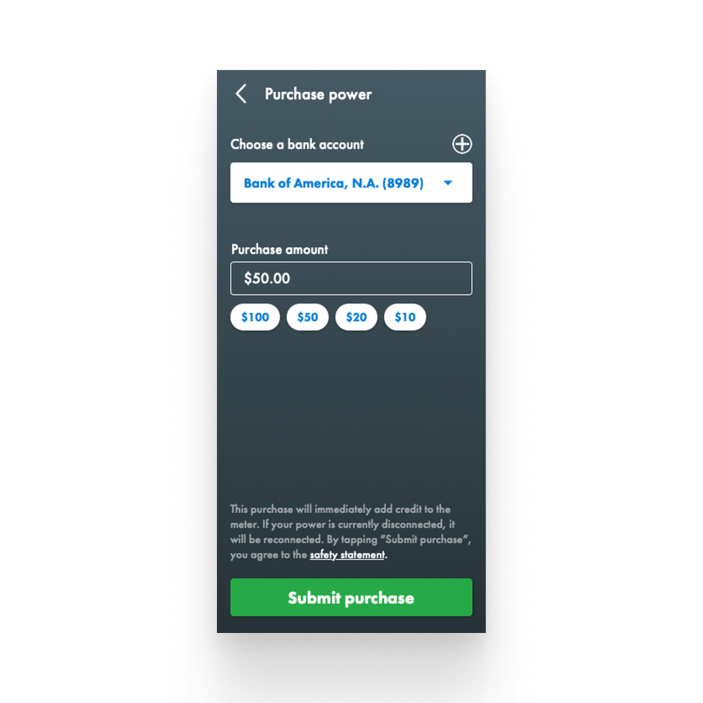 An example of the Purchase Power form on the SRP M-Power app
