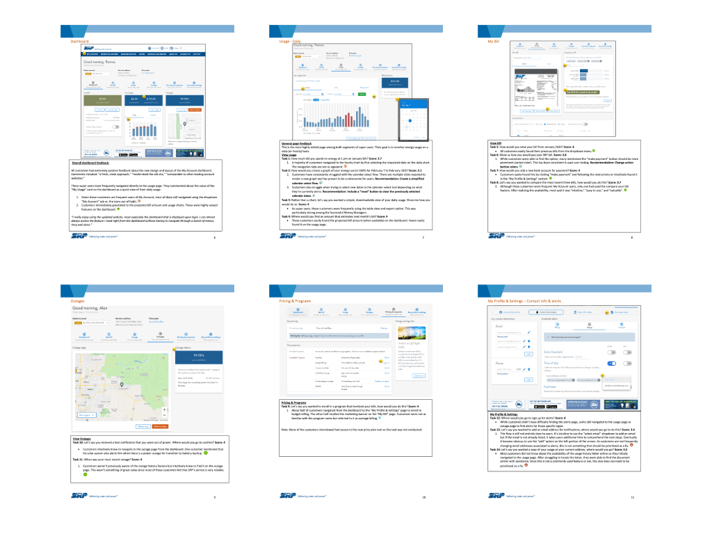A collection of pages from a usability test looking at the overall experience of SRP My Account web portal