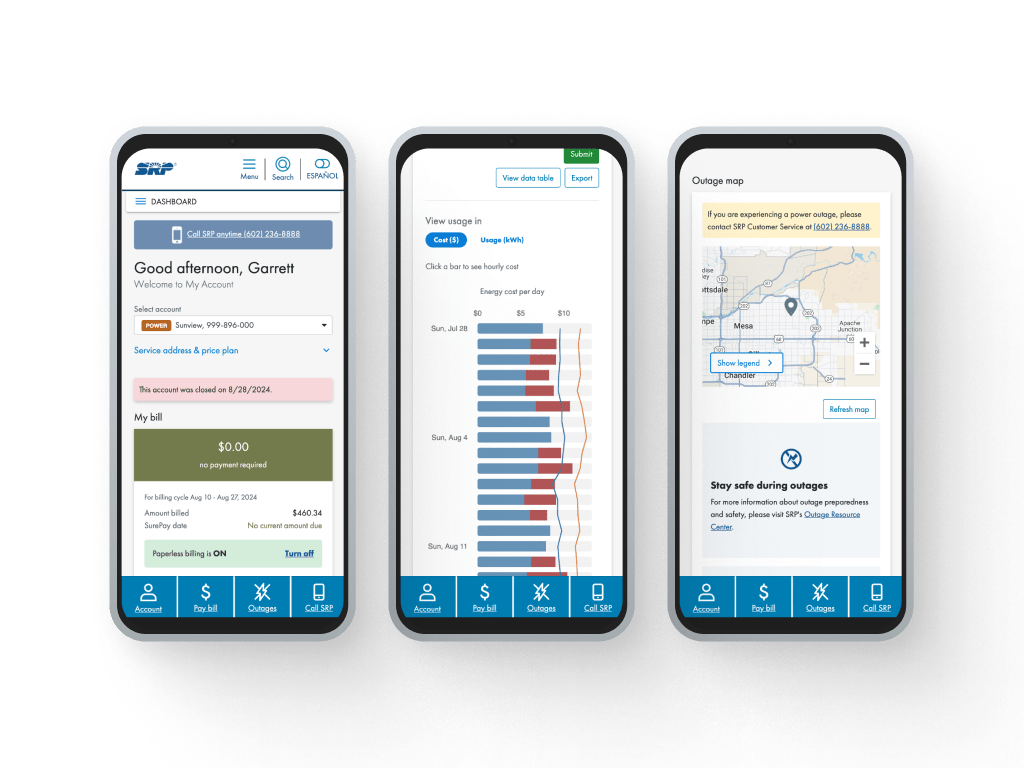 A collection of screens showcasing the SRP My Account web experience on mobile