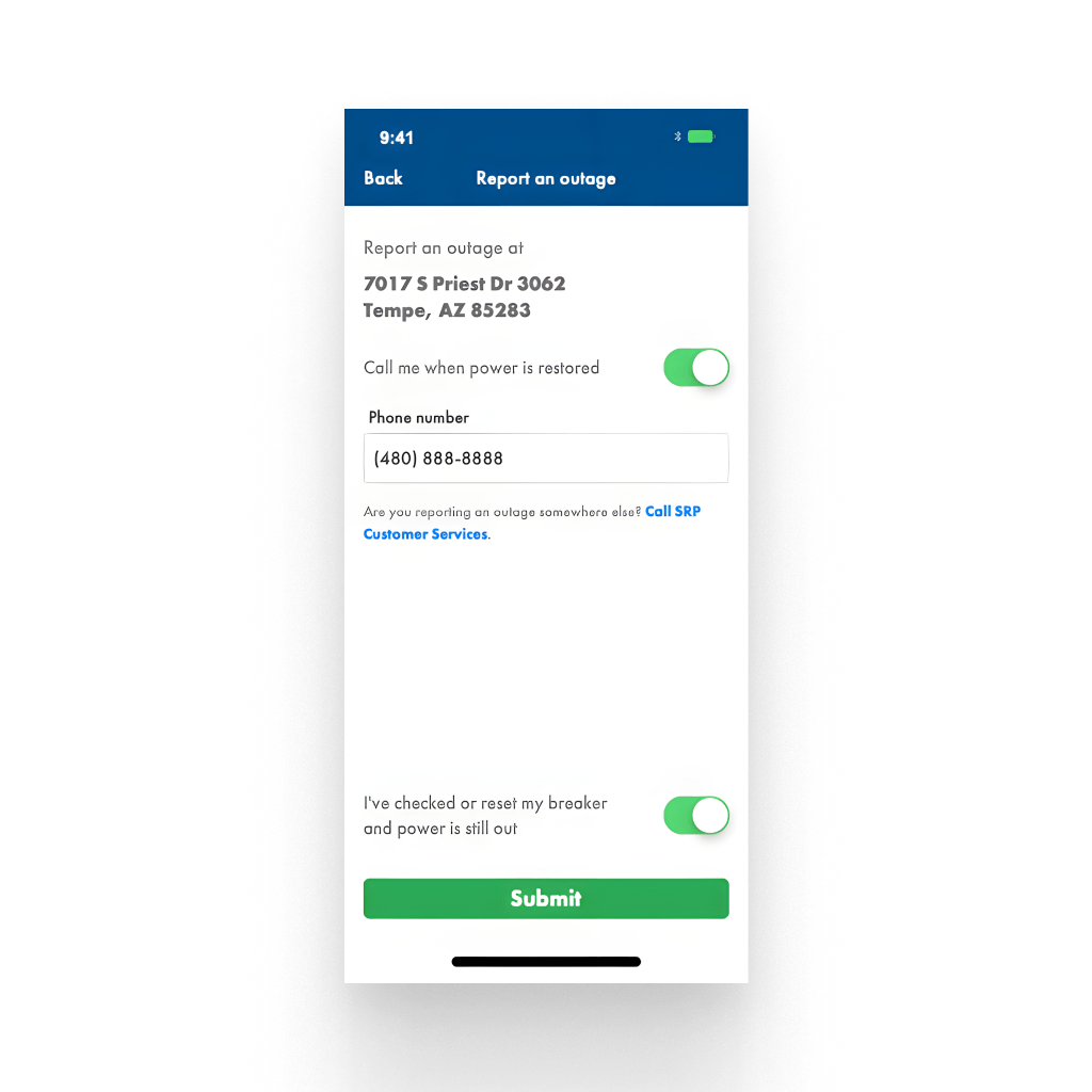 An example of the SRP Power App's Report Outage form