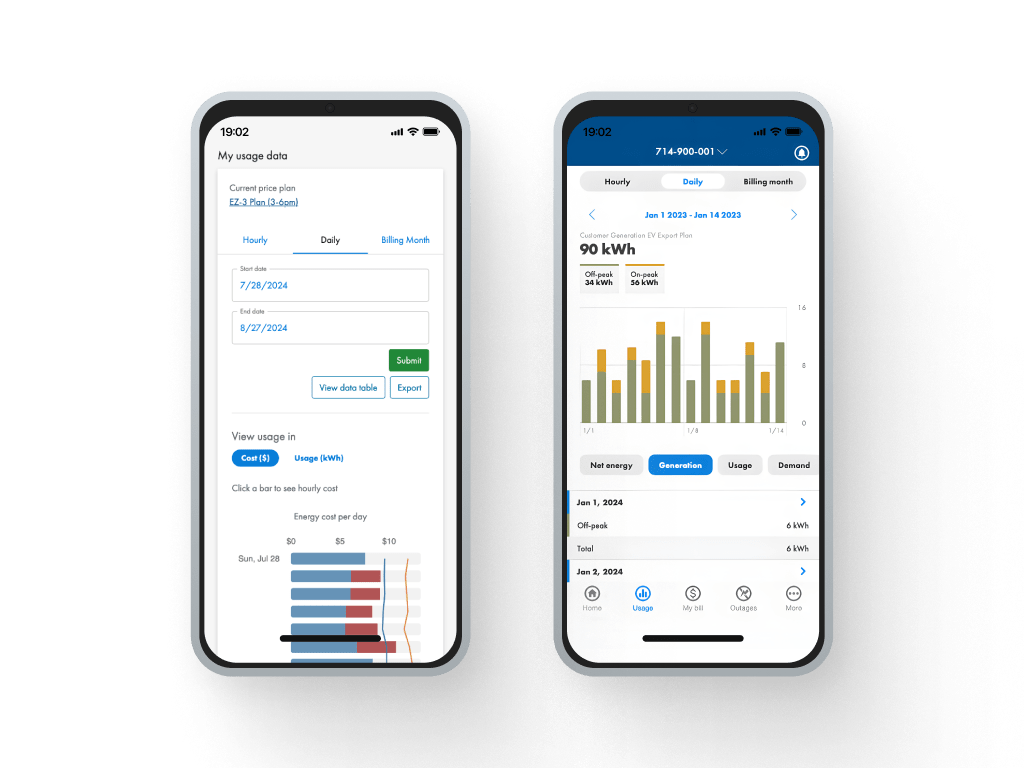 A comparison of the Daily Usage screen between the SRP My Account web experience and the SRP Power app