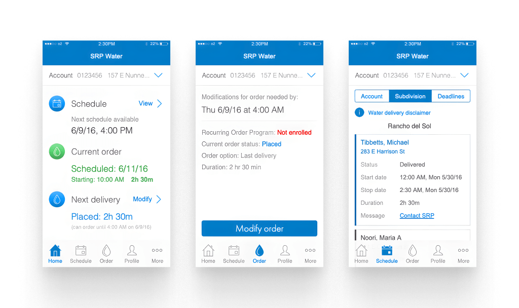 An collection of the SRP Water App's original screens
