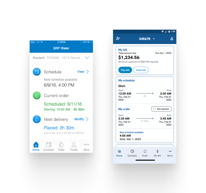 An example of a before and after of the SRP Water App's Home page