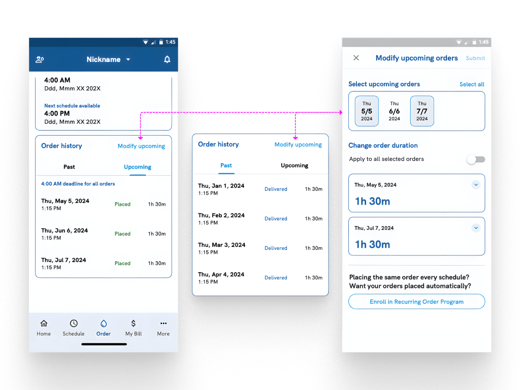 An example of a proposed feature to modify upcoming water orders in the SRP Water app