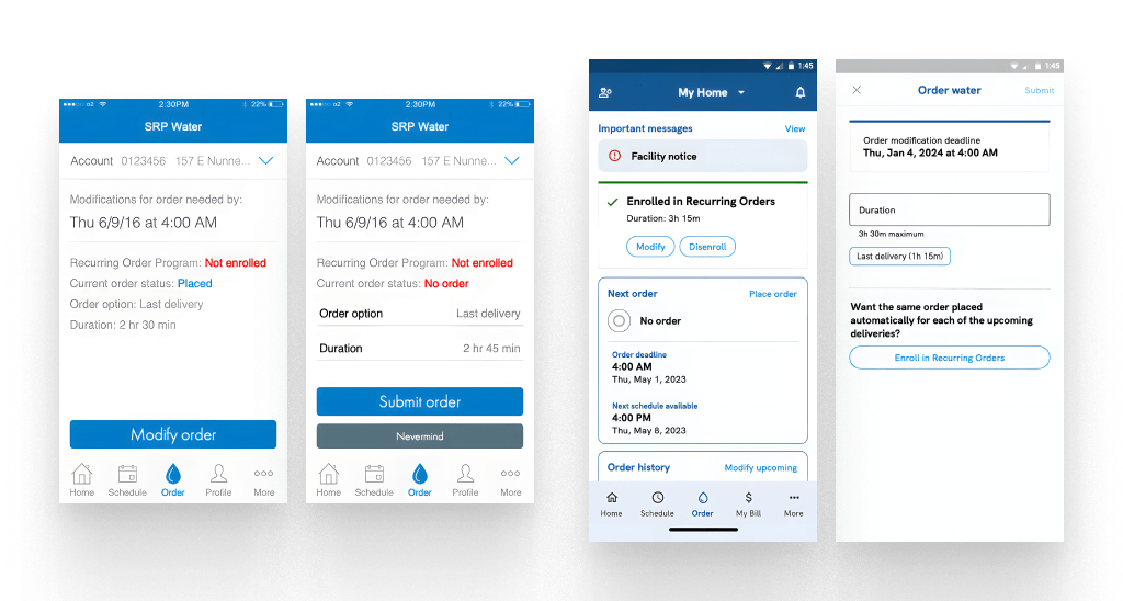 An example of a before and after of the SRP Water App's Order Water flow