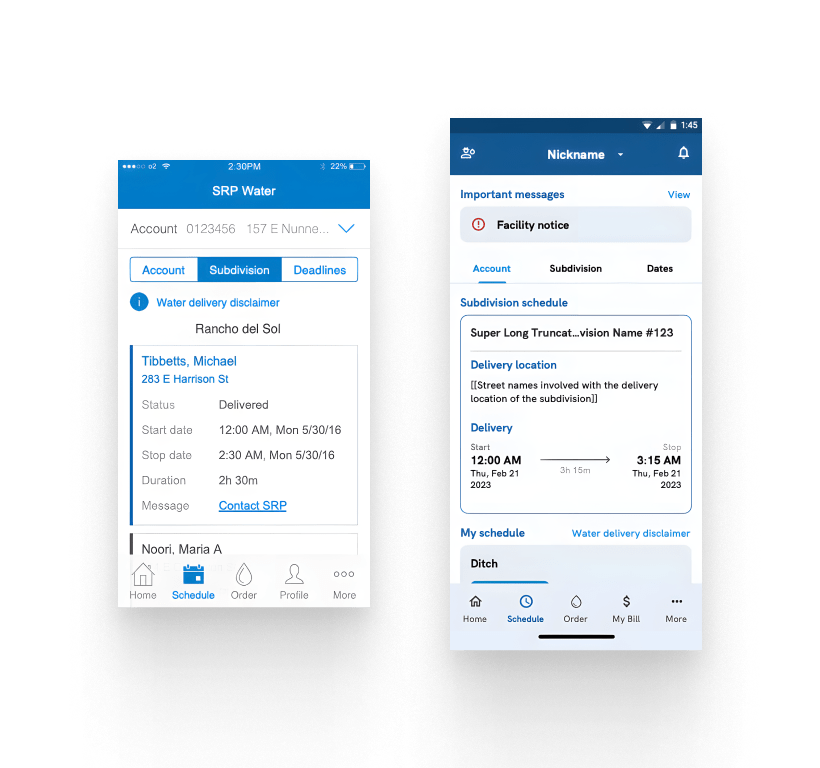 An example of a before and after of the SRP Water App's Schedule page